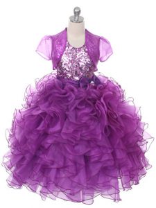 Excellent Purple Ball Gowns Ruffles and Sequins and Bowknot Child Pageant Dress Lace Up Organza Sleeveless Floor Length