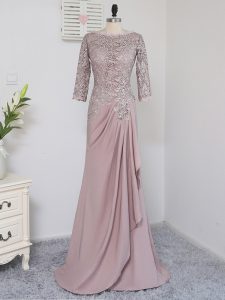 Chic Pink Scoop Zipper Beading and Lace and Appliques Mother Dresses Brush Train Half Sleeves