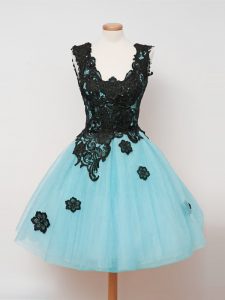 Aqua Blue Sleeveless Lace Knee Length Quinceanera Dama Dress