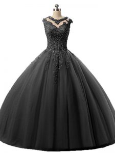 Fabulous Black Tulle Lace Up Scoop Sleeveless Floor Length 15 Quinceanera Dress Beading and Lace