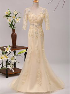 Dramatic Champagne Lace Up V-neck Beading and Lace and Appliques Mother Of The Bride Dress Tulle 3 4 Length Sleeve Brush Train