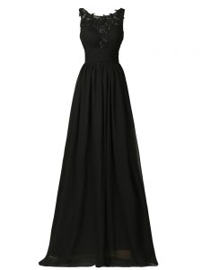 Black Empire Scoop Sleeveless Chiffon Floor Length Zipper Appliques Quinceanera Court Dresses