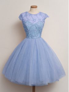 Lace Court Dresses for Sweet 16 Blue Lace Up Cap Sleeves Knee Length