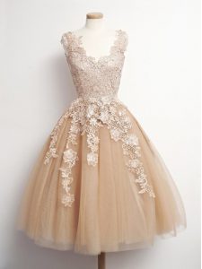 Knee Length Brown Quinceanera Court of Honor Dress Tulle Sleeveless Appliques