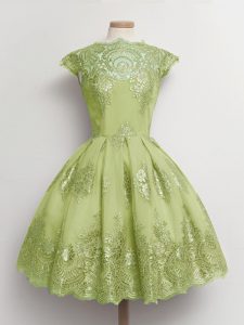 Latest Yellow Green Lace Up Scalloped Lace Vestidos de Damas Tulle Cap Sleeves