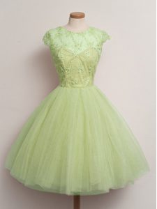 Vintage Yellow Green Cap Sleeves Lace Knee Length Quinceanera Court of Honor Dress
