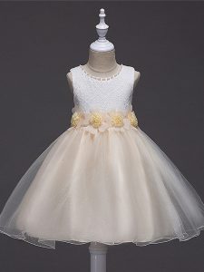 Trendy Champagne Ball Gowns Tulle Scoop Sleeveless Lace and Hand Made Flower Knee Length Zipper Little Girls Pageant Dress