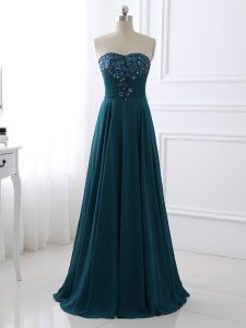 Teal Zipper Mother Of The Bride Dress Sequins and Ruching Sleeveless Floor Length