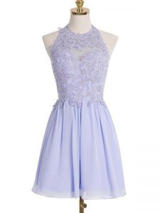 Luxurious Halter Top Sleeveless Quinceanera Dama Dress Knee Length Lace Lavender Chiffon