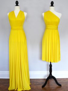 Yellow Chiffon Lace Up Halter Top Sleeveless Floor Length Dama Dress for Quinceanera Ruching