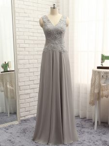 Free and Easy Grey V-neck Neckline Lace and Appliques Mother Of The Bride Dress Sleeveless Zipper