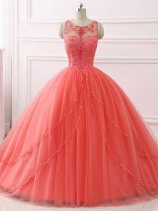 Tulle Sweetheart Sleeveless Brush Train Lace Up Beading and Lace Sweet 16 Quinceanera Dress in Coral Red