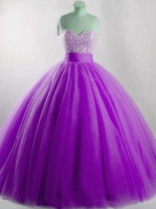 Eggplant Purple Sleeveless Floor Length Beading Lace Up Quinceanera Gowns