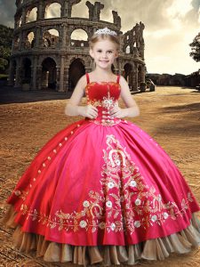 Custom Fit Hot Pink Ball Gowns Taffeta Straps Sleeveless Embroidery Floor Length Lace Up Pageant Gowns For Girls