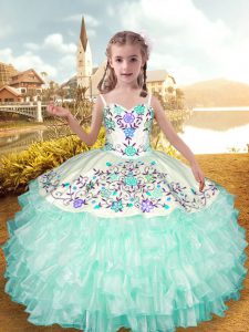 Stylish Apple Green Straps Lace Up Embroidery and Ruffled Layers Little Girl Pageant Dress Sleeveless