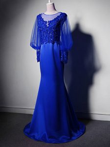 Royal Blue Long Sleeves Elastic Woven Satin Brush Train Clasp Handle Mother Of The Bride Dress for Prom and Party and Sweet 16