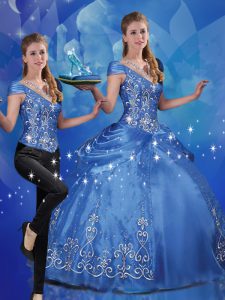 New Style Blue Off The Shoulder Lace Up Beading and Embroidery Quinceanera Dresses Cap Sleeves