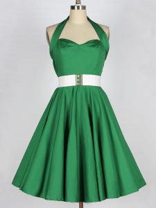 Glorious Mini Length Green Dama Dress Satin Sleeveless Belt