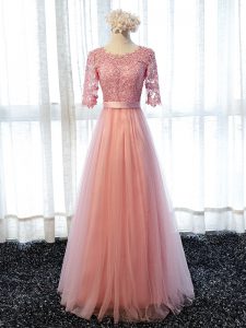 Luxurious Pink Lace Up Scoop Lace Damas Dress Tulle Half Sleeves