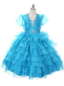 Baby Blue Organza Lace Up Girls Pageant Dresses Sleeveless Floor Length Beading and Ruffled Layers and Bowknot