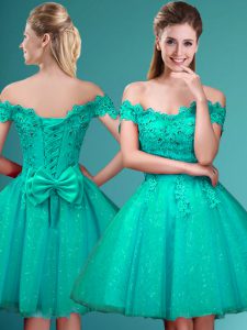 Beautiful Tulle Cap Sleeves Knee Length Quinceanera Court of Honor Dress and Lace and Belt