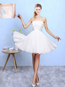 Comfortable White A-line Appliques Damas Dress Lace Up Chiffon Sleeveless Knee Length