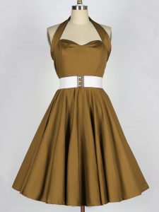Edgy Knee Length Brown Quinceanera Dama Dress Halter Top Sleeveless Lace Up
