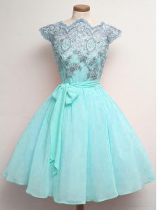 Cap Sleeves Chiffon Knee Length Lace Up Court Dresses for Sweet 16 in Aqua Blue with Lace and Belt