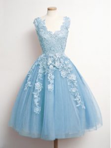Superior Light Blue Lace Up Quinceanera Court Dresses Appliques Sleeveless Knee Length