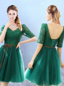 Green Tulle Backless Damas Dress Half Sleeves Knee Length Lace