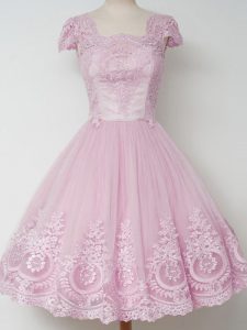 Square Cap Sleeves Tulle Quinceanera Court of Honor Dress Lace Zipper