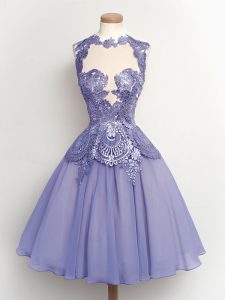 Lilac A-line High-neck Sleeveless Chiffon Knee Length Lace Up Lace Dama Dress