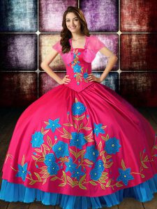 Amazing Hot Pink Taffeta Lace Up Strapless Sleeveless Floor Length 15 Quinceanera Dress Embroidery