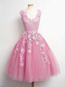 Popular Pink V-neck Lace Up Lace Court Dresses for Sweet 16 Sleeveless