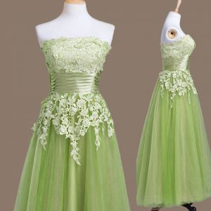 Beauteous Empire Tulle Strapless Sleeveless Appliques Tea Length Lace Up Vestidos de Damas