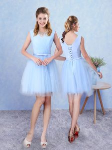 Graceful Sleeveless Knee Length Ruching Lace Up Dama Dress for Quinceanera with Aqua Blue