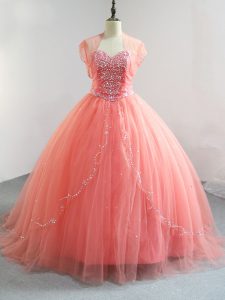 Fabulous Watermelon Red Ball Gowns Tulle V-neck Sleeveless Beading Floor Length Lace Up Quinceanera Dress