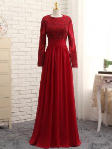 Wine Red Zipper Scoop Lace and Appliques Mother Of The Bride Dress Chiffon Long Sleeves