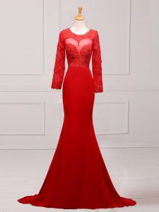 Lace and Appliques Mother Of The Bride Dress Red Zipper Long Sleeves Brush Train