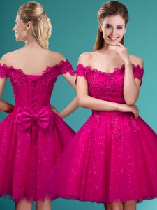 Off The Shoulder Cap Sleeves Quinceanera Court Dresses Knee Length Lace and Belt Fuchsia Tulle