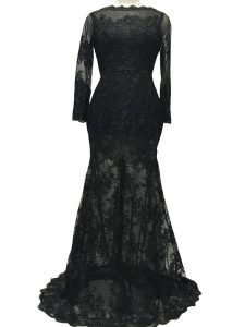 Ideal Black Mother Dresses Prom and Party and Sweet 16 with Lace and Belt Bateau Long Sleeves Brush Train Backless