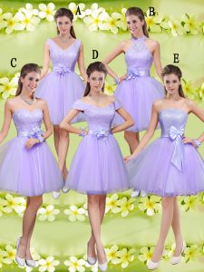 Attractive Lilac Lace Up V-neck Lace and Belt Quinceanera Court of Honor Dress Tulle Sleeveless