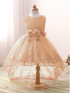 Champagne Zipper Scoop Lace and Bowknot and Hand Made Flower Little Girl Pageant Gowns Tulle Sleeveless