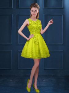 Attractive Yellow Green Tulle Zipper Quinceanera Dama Dress Sleeveless Knee Length Lace and Ruffled Layers