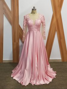 Sumptuous Beading and Appliques Mother of Bride Dresses Baby Pink Backless Long Sleeves