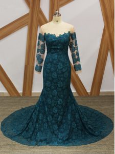 Admirable Mermaid Mother Dresses Teal Scoop Lace Long Sleeves Zipper