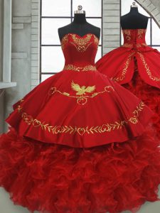 Sophisticated Brush Train Ball Gowns Quinceanera Dresses Wine Red Sweetheart Satin and Organza Sleeveless Lace Up