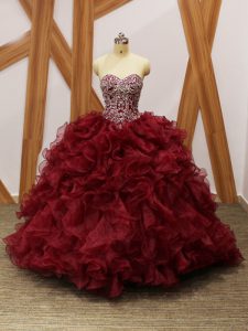 Burgundy Sleeveless Organza Brush Train Lace Up 15th Birthday Dress for Military Ball and Sweet 16 and Quinceanera