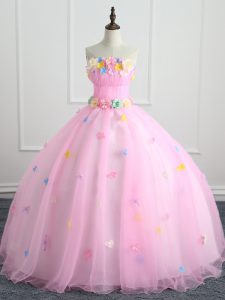 Pink Sleeveless Floor Length Appliques and Hand Made Flower Lace Up Sweet 16 Quinceanera Dress