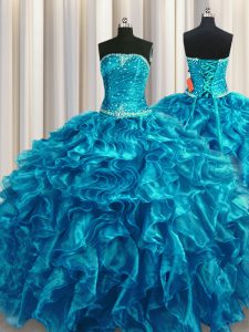 Flare Teal Sleeveless Organza Lace Up Vestidos de Quinceanera for Military Ball and Sweet 16 and Quinceanera